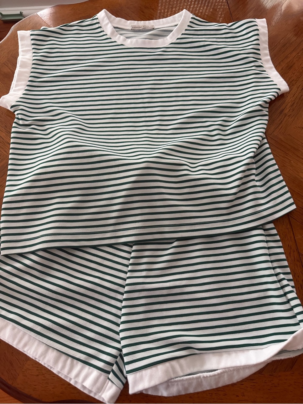 Zenana  | Striped Contrast Top & Short Set Dark Green and White | L